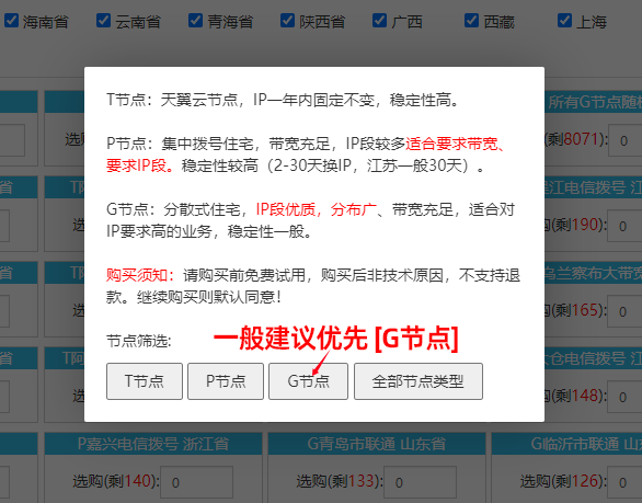 奔富平台开通IP步骤：选择线路类型（优先G）
