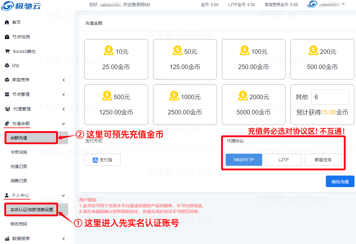 极驰云IP平台认证账号与金币充值步骤