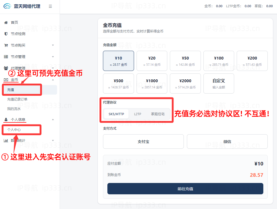 蓝天网络代理IP平台金币充值步骤