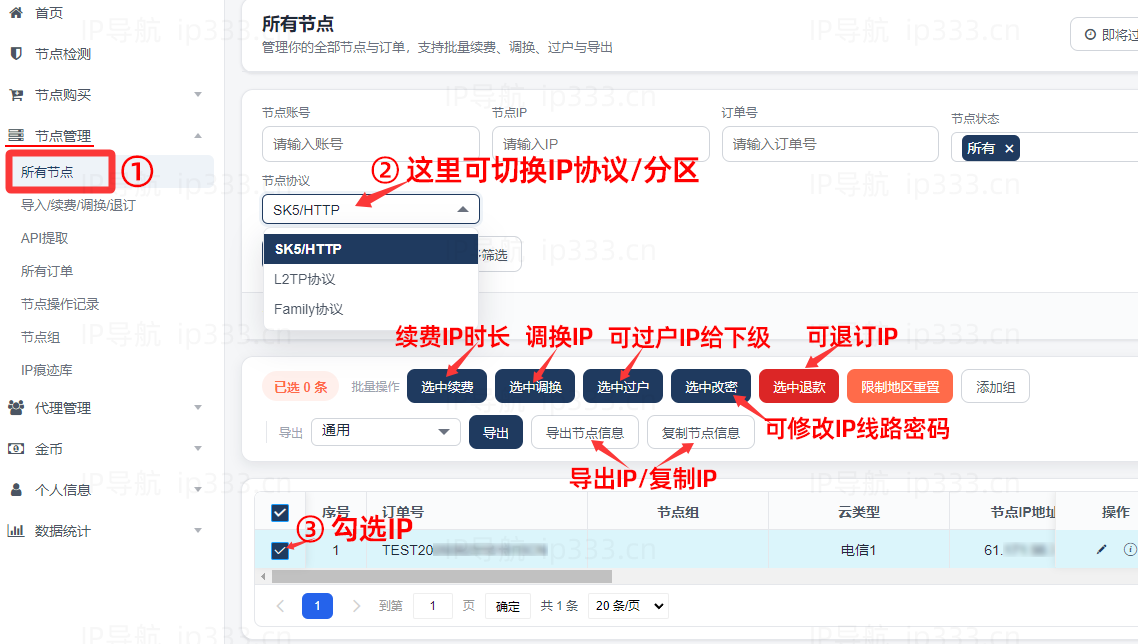 蓝天网络代理平台管理IP线路续费、调换、过户等操作