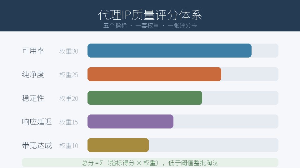 代理IP质量评分体系五指标权重示意